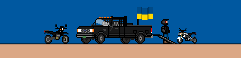 Pixelated truck surrounded by motorcycles